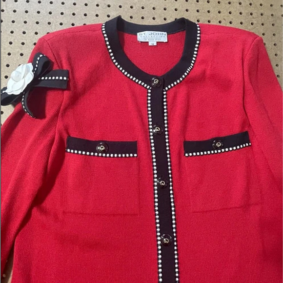 St John Marie Gray 2pc Blazer Skirt Set Womens Size 14 Red USA Buttons STUNNING - Picture 10 of 15